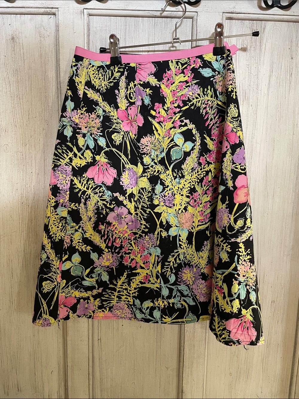 Black Floral A-Line Skirt with Pink Trim